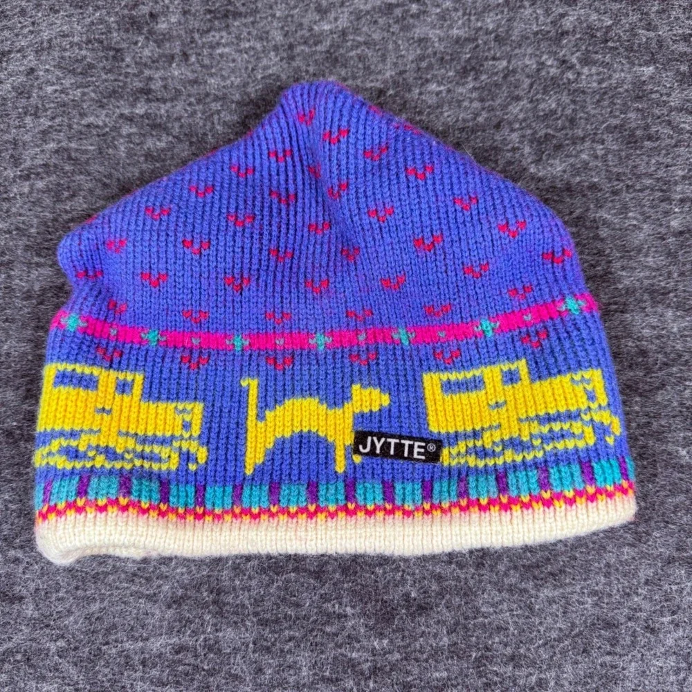 Vintage Jytte Kids Beanie‎ Hat Purple Wool Blend Ski Winter Trucks Dogs